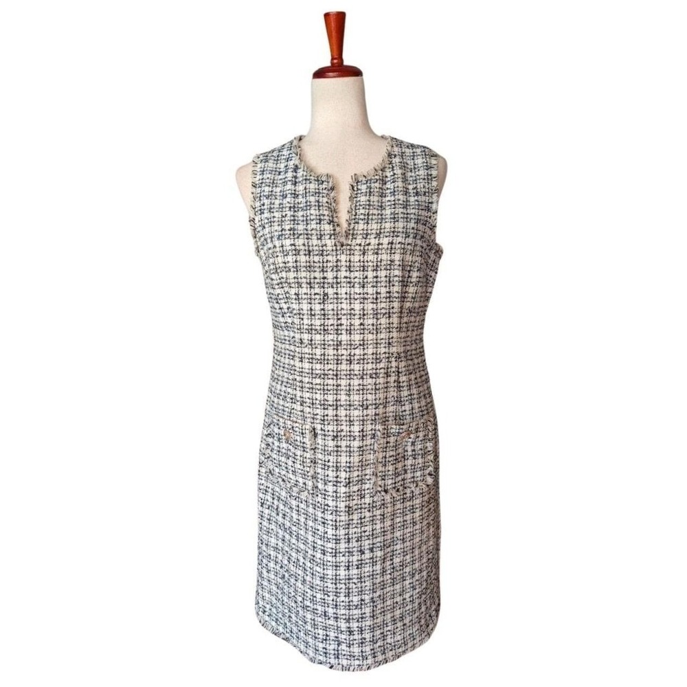 Karl Lagerfeld Paris Womens Tweed Sheath Dress Plaid Fringe Trim Size 8 LD7T4129